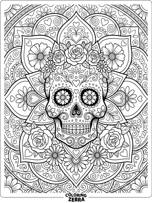 Decorative skull mandala with floral patterns