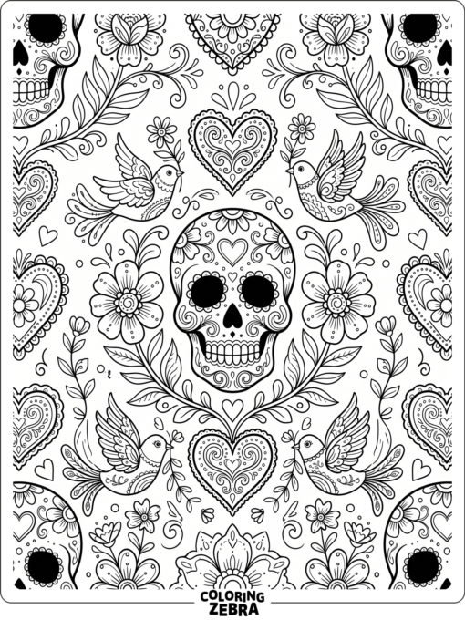 A folk art pattern with skulls, flowers, hearts, and birds