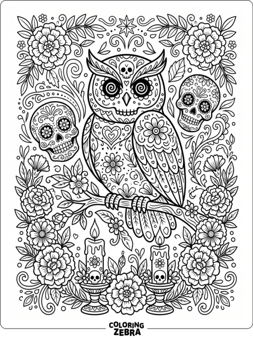 An owl with marigolds and candles