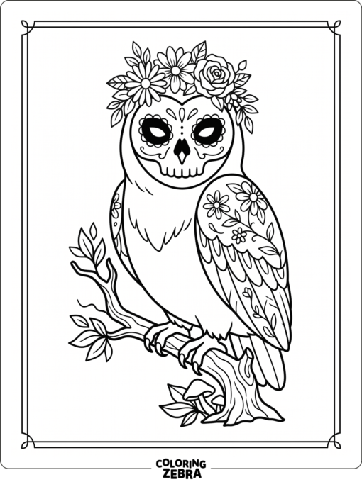 Owl with skull face paint and floral accents