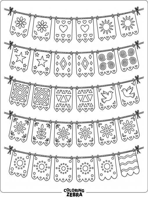 Hanging papel picado banners with cutout designs
