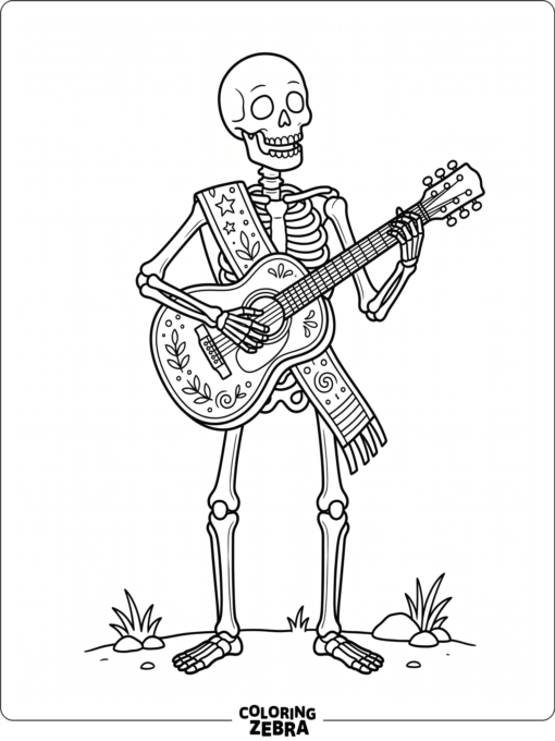 Skeleton holding a guitar with decorative sash