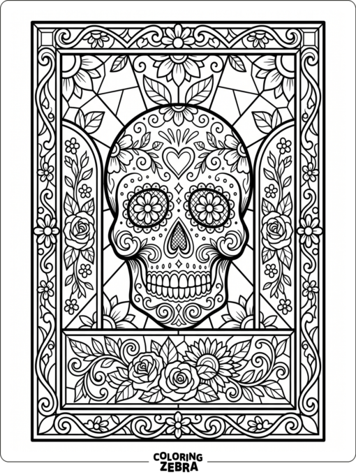Stained glass skull with flower shapes and thick lines