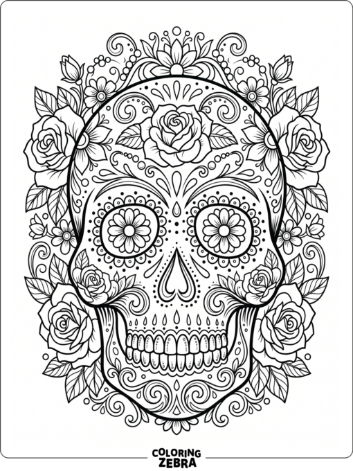 Symmetrical sugar skull with roses and dots