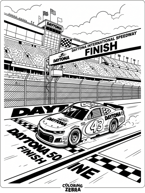 A race car speeding past the Daytona 500 track