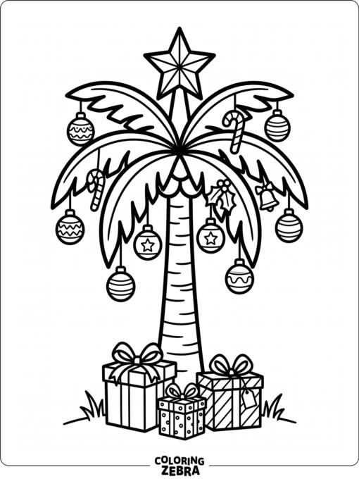 A palm tree decorated with holiday ornaments