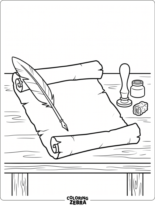 An open parchment with a quill and seal
