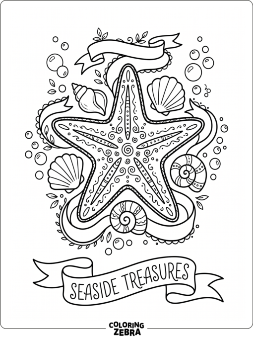 An ornate starfish with shells, bubbles, and ribbon details
