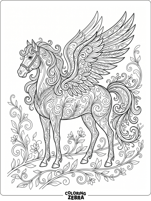A decorative winged horse with curling vines