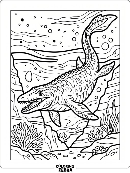 A mosasaurus exploring deep sea water