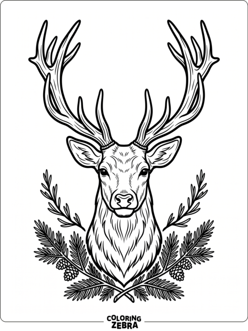 A deer head with broad antlers and a few pine sprigs