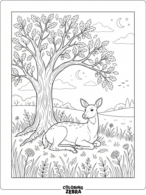A deer resting under a tree in a quiet scene