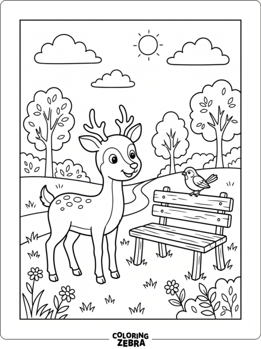 A friendly deer in a park with clouds and a bird