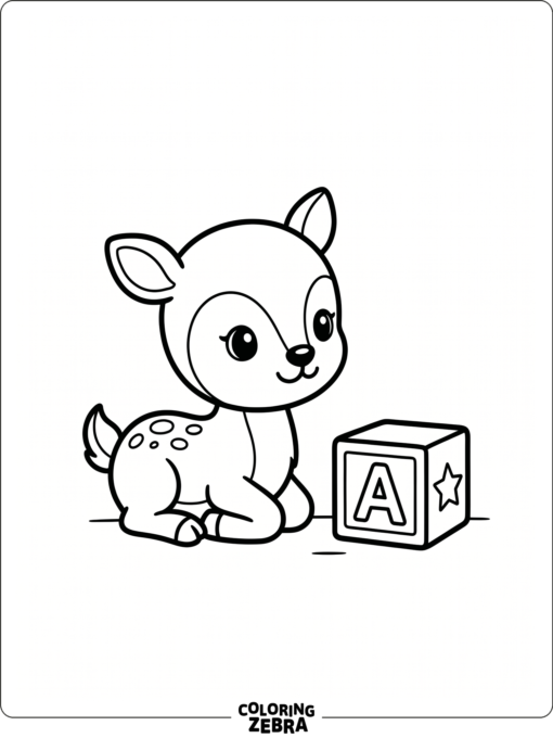 A tiny deer sitting beside a toy block