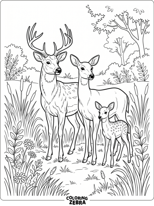 A deer family standing together in grass