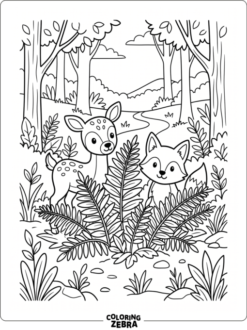 A fox peeks from ferns in a clearing