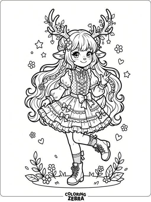 A gacha-style deer girl with long hair