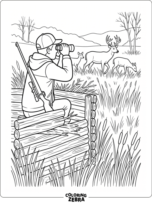 A hunter watching deer from a blind