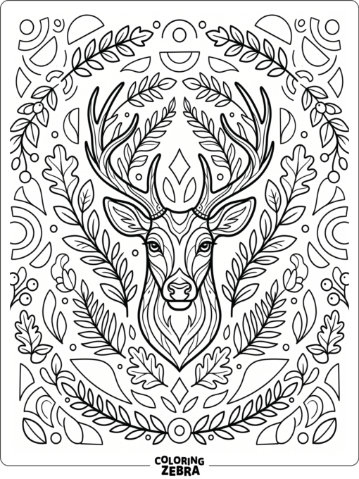 A deer face with leaf patterns around it