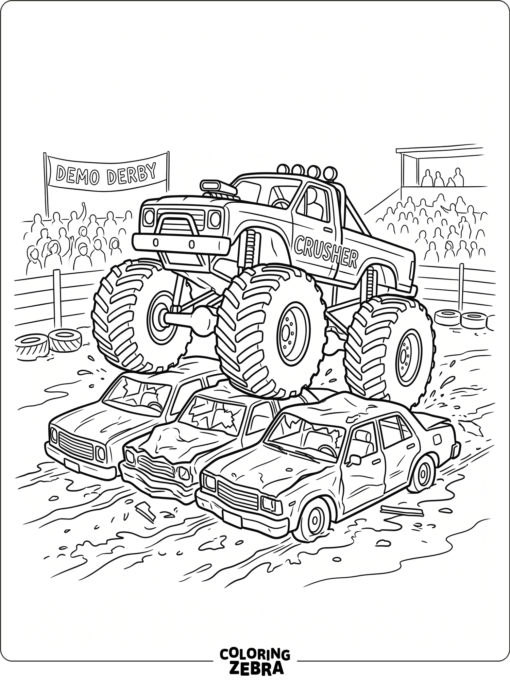 Monster truck crushing junk cars in a muddy arena