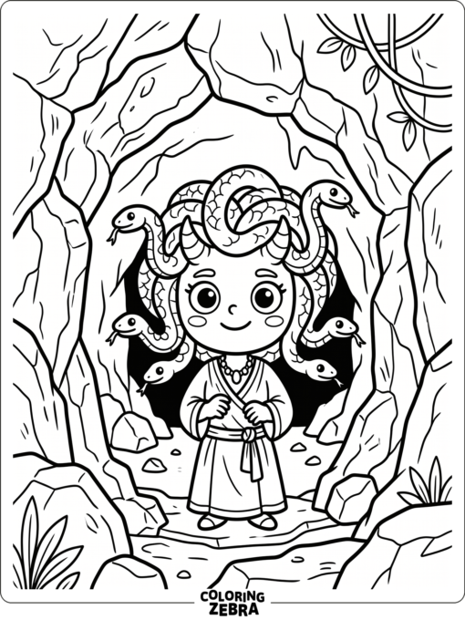 A simple gorgon with snake hair near a cave entrance