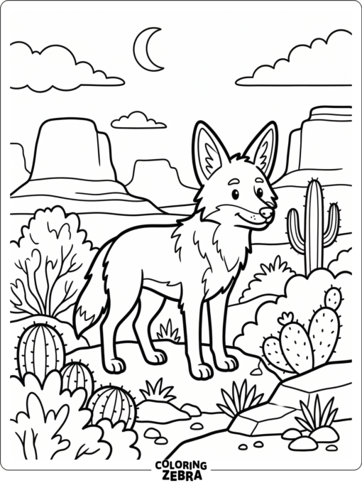 A coyote standing among desert shrubs with mesas behind it