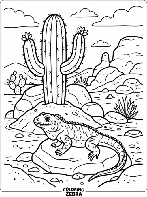 A desert iguana near a cactus and sandy rocks