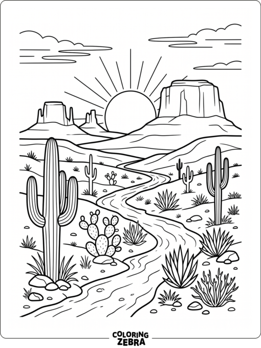 A desert scene with cacti, mesas, and a setting sun