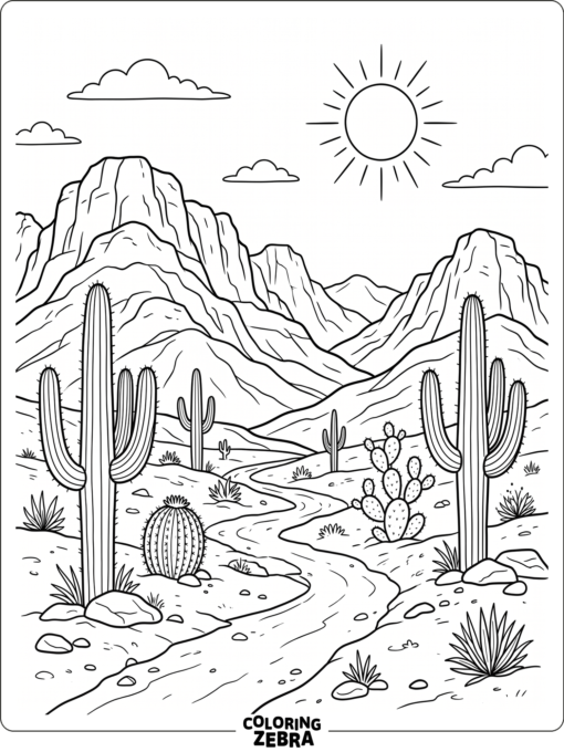Desert mountains with cacti and sandy ground
