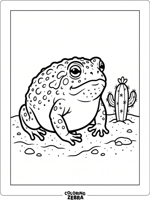 A desert rain frog on sand beside a tiny cactus