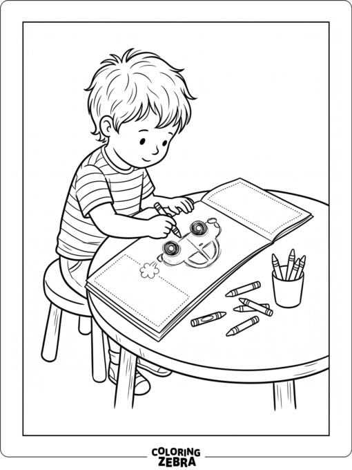 A child decorating a car with crayons