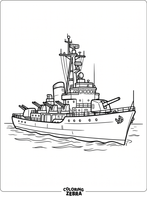 A destroyer ship with a radar mast and clean side guns