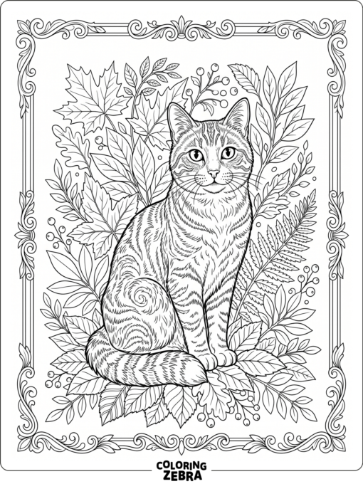 A detailed cat sits among leaves with ornate frame accents