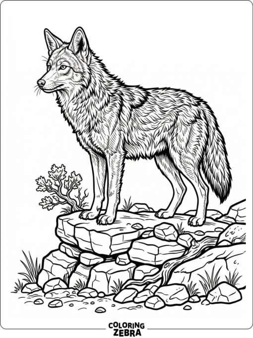 A detailed coyote standing on a rocky ledge