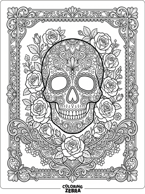 Detailed sugar skull with lace and roses