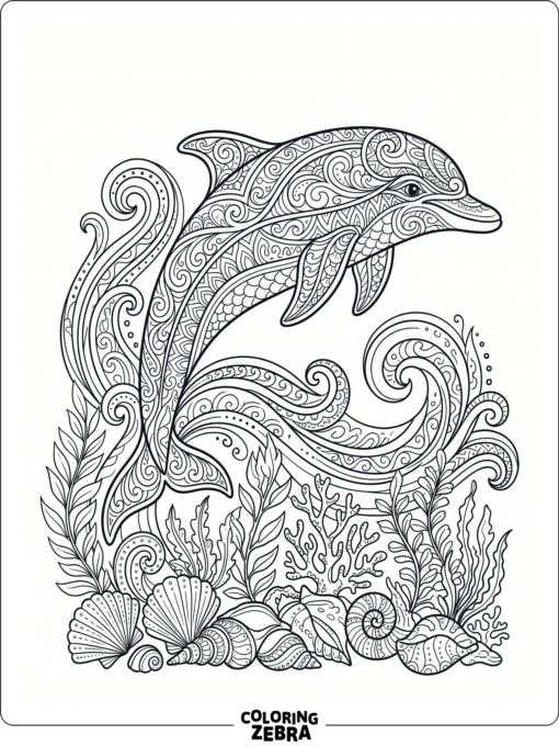 A dolphin with detailed waves and sea plants