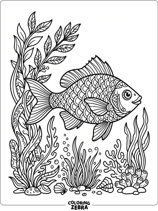 An intricate fish with scales and sea plants