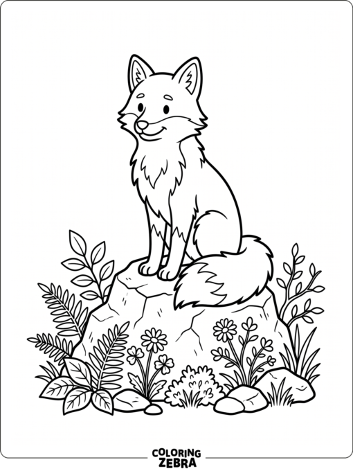 A fox sitting on a rock with layered fur