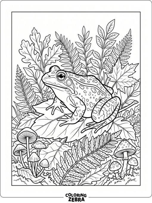 A detailed frog resting among leaves and mushrooms