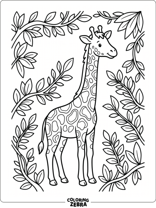 A giraffe with layered spots and leafy branches around it