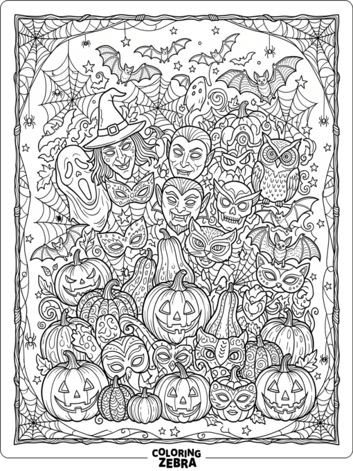 Detailed Halloween scene with pumpkins and bats
