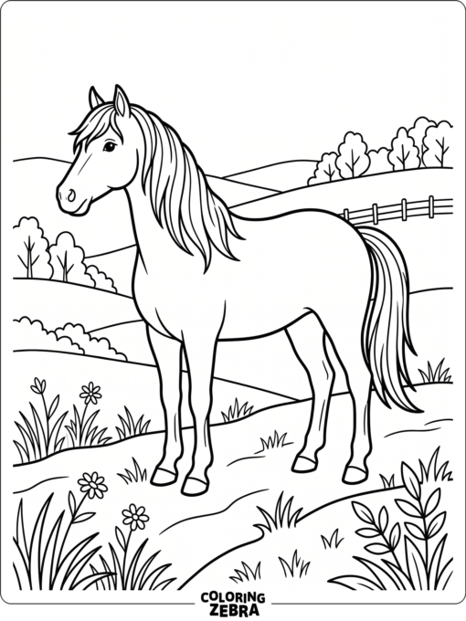 A horse standing in a field with detailed mane and tail