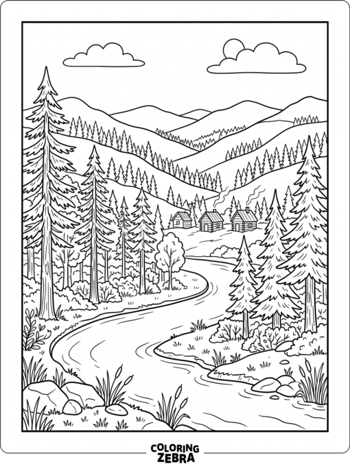 A detailed landscape with hills, pines, and a river bend