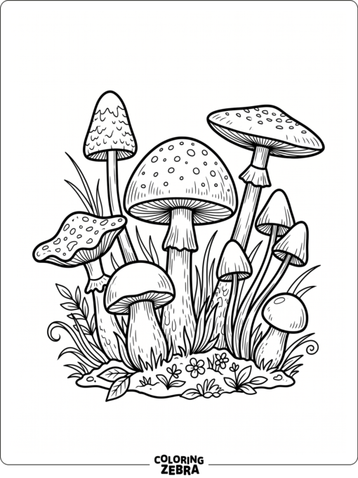 A cluster of mushrooms with varied caps and grass