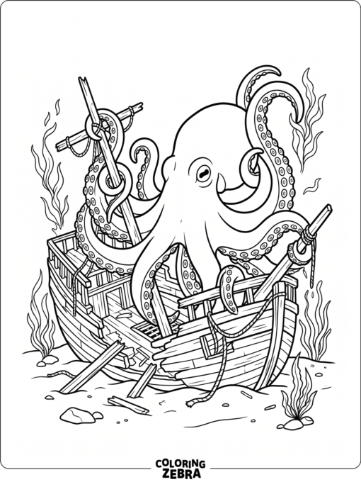 A giant octopus rising from a shipwreck