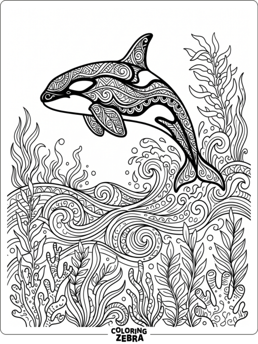 A detailed orca with ocean swirls and plants