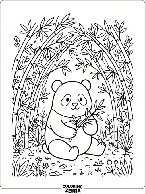 A panda stands among layered bamboo leaves