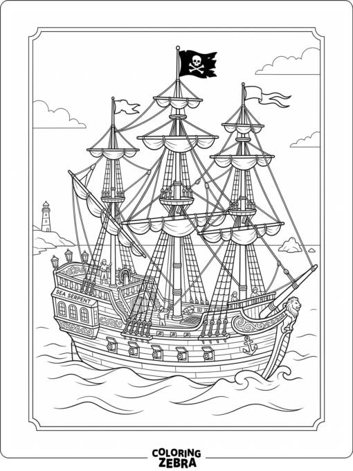 A detailed pirate ship with rigging and carved wood