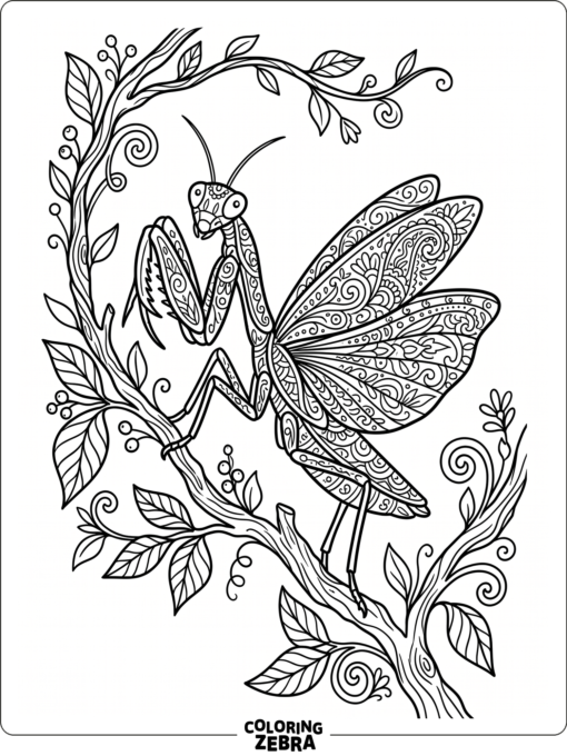 A detailed praying mantis with patterned wings