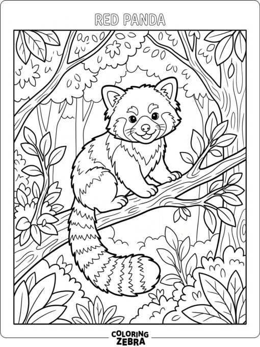 A detailed red panda on a branch in a forest